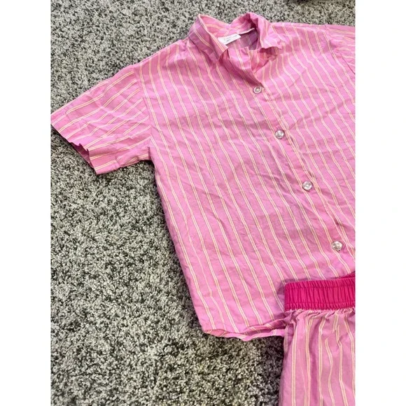 Zara Girls Pink Striped Cotton Pajama Set Short Sleeve Shirt Shorts Size 5 110cm - Picture 2 of 7